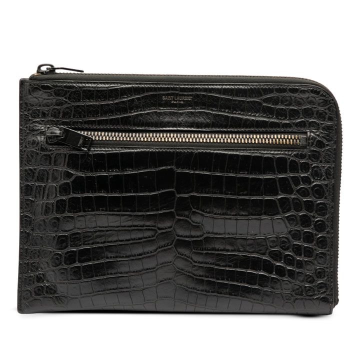 Saint Laurent Croc Embossed Cuir Pochette Noir – GABY PARIS Authentique