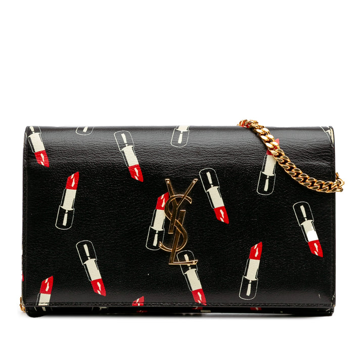 Calfskin Lipstick Print Monogram Kate Wallet On Chain Black - Gaby Paris