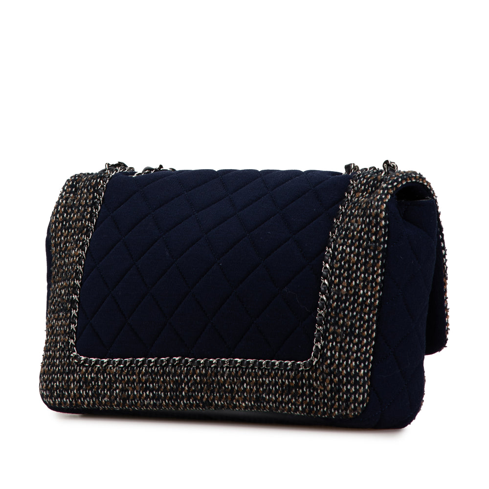 Jumbo Quilted Jersey and Tweed Chain Flap Blue - Gaby Paris