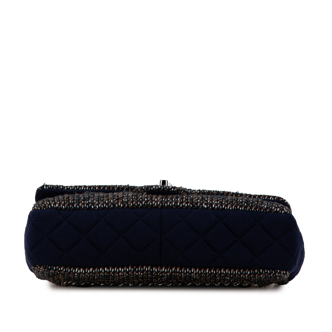 Jumbo Quilted Jersey and Tweed Chain Flap Blue - Gaby Paris