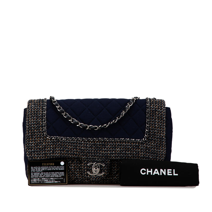 Jumbo Quilted Jersey and Tweed Chain Flap Blue - Gaby Paris