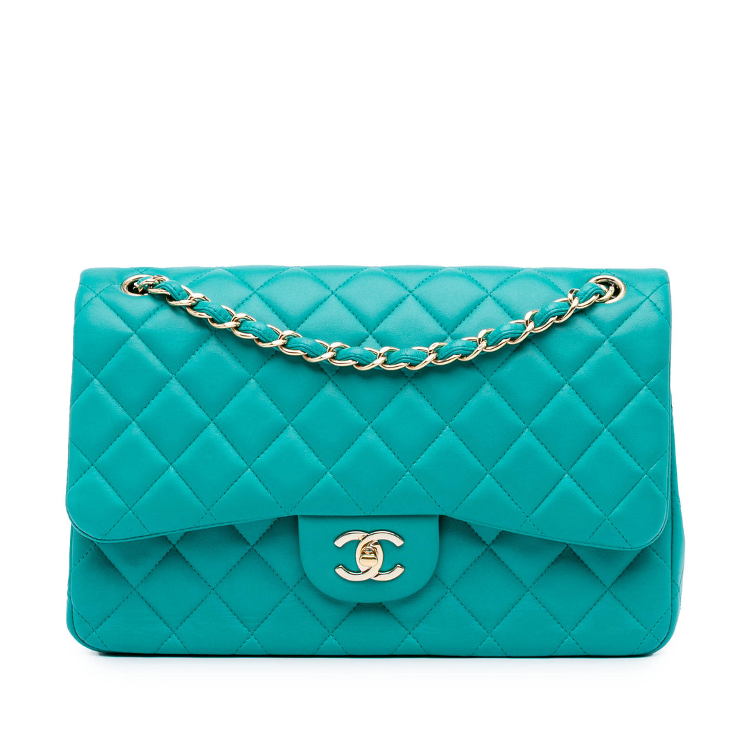 Jumbo Classic Lambskin Double Flap Blue - Gaby Paris