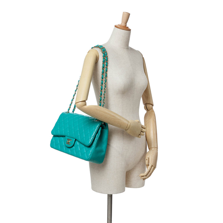 Jumbo Classic Lambskin Double Flap Blue - Gaby Paris
