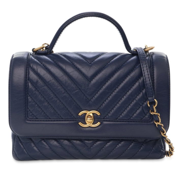 Chanel CC Chevron Aged Cuir de veau Top Handle Flap Bleu