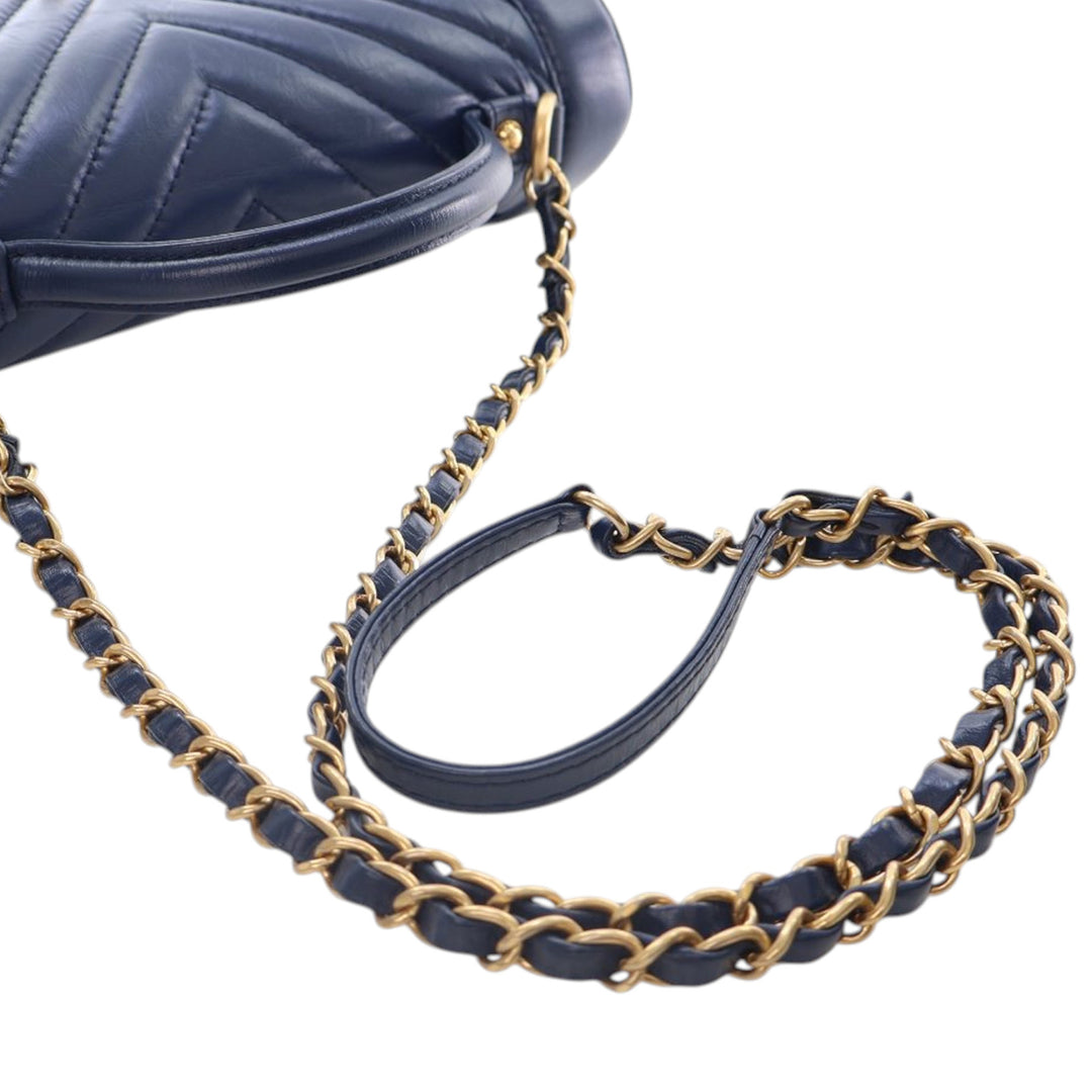 Chanel CC Chevron Aged Cuir de veau Top Handle Flap Bleu