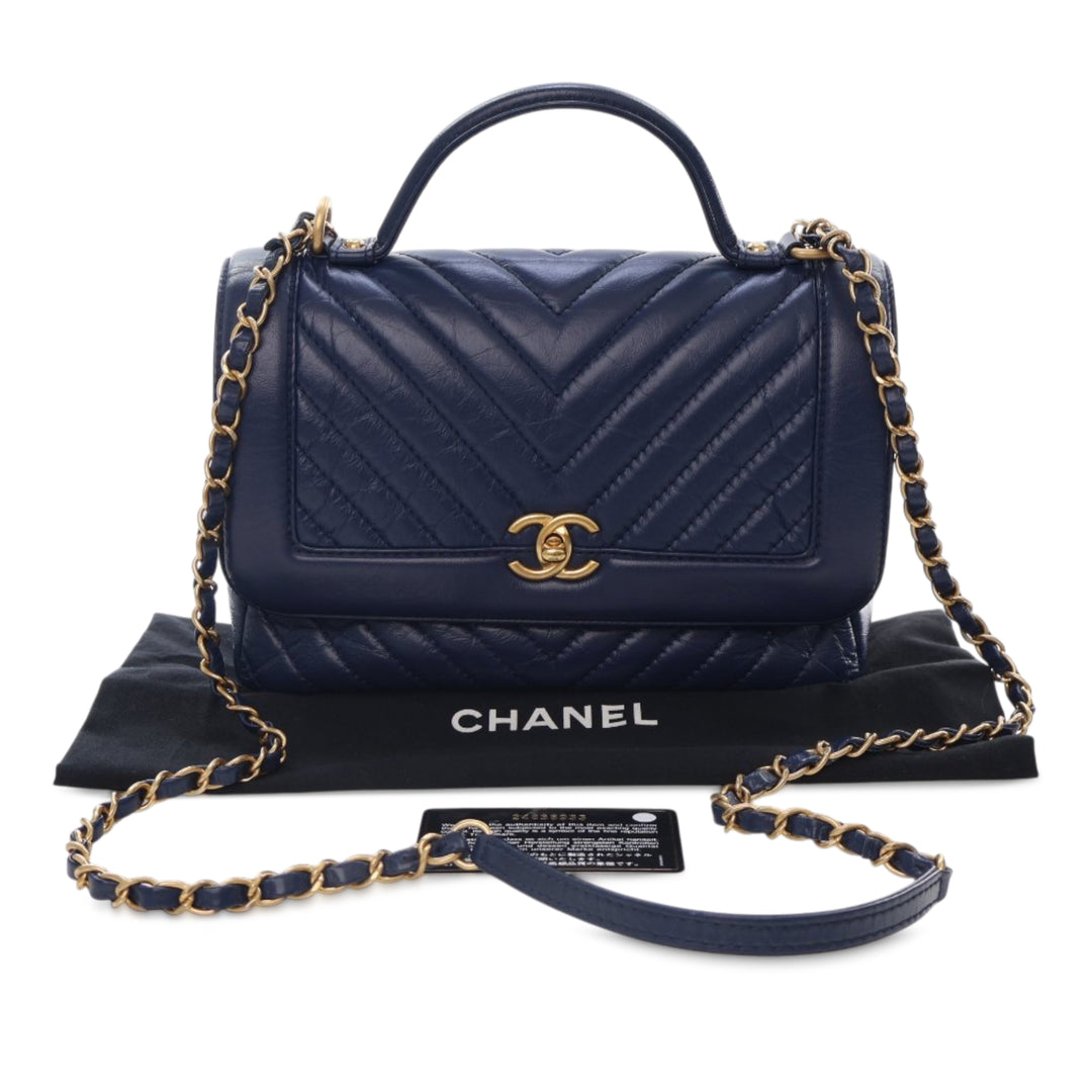 Chanel CC Chevron Aged Cuir de veau Top Handle Flap Bleu