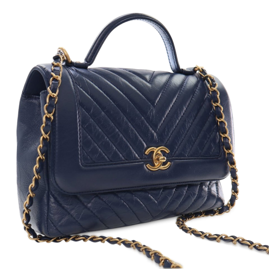 Chanel CC Chevron Aged Cuir de veau Top Handle Flap Bleu