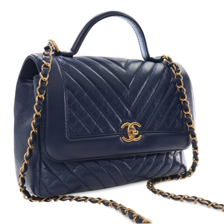 Chanel CC Chevron Aged Cuir de veau Top Handle Flap Bleu