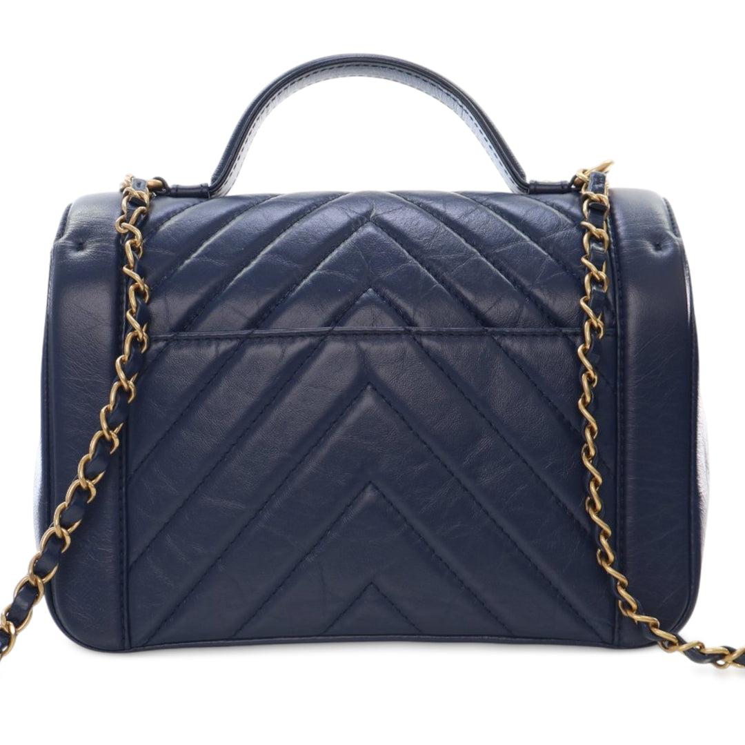 Chanel CC Chevron Aged Cuir de veau Top Handle Flap Bleu