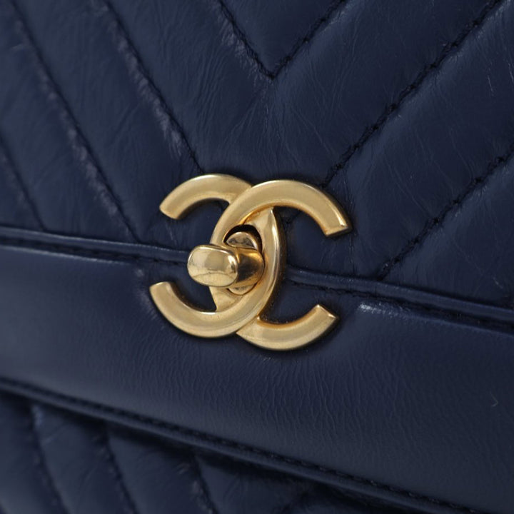 Chanel CC Chevron Aged Cuir de veau Top Handle Flap Bleu