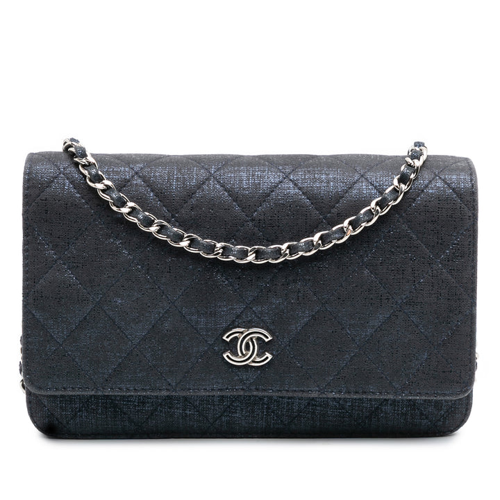 Chanel CC Quilted Métallisé Fabric Wallet On Chain Bleu