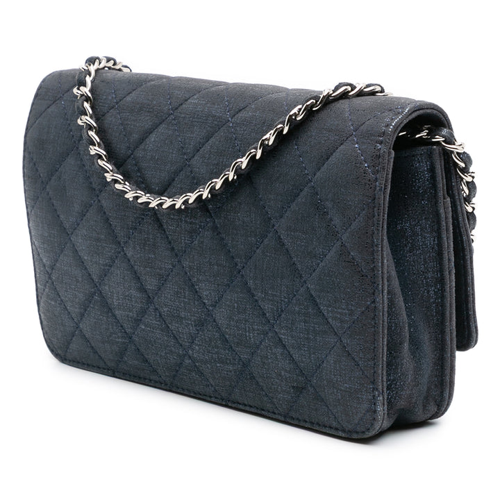 Chanel CC Quilted Métallisé Fabric Wallet On Chain Bleu