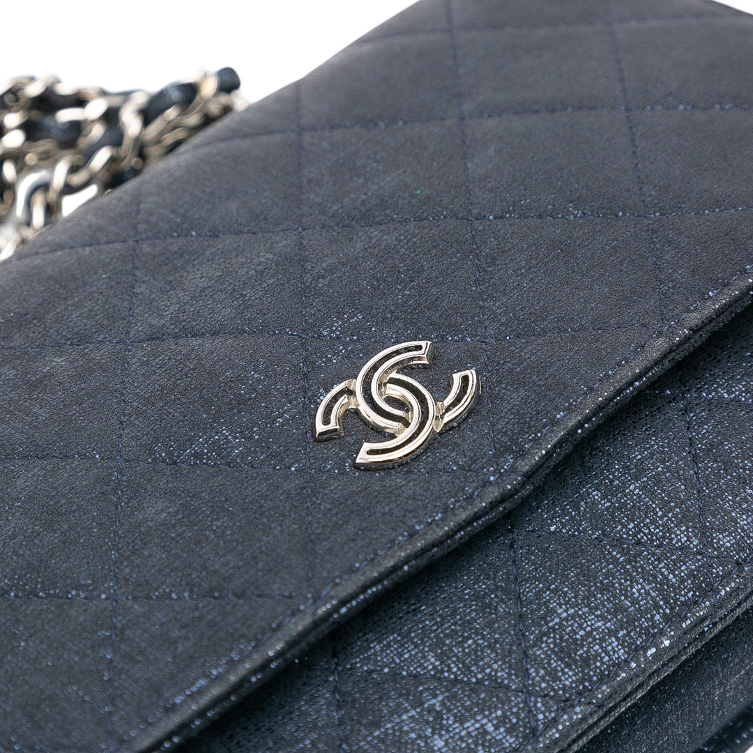 Chanel CC Quilted Métallisé Fabric Wallet On Chain Bleu