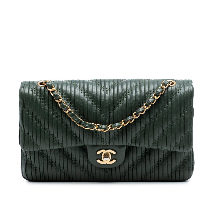 Chanel Medium Classic Chevron Cuir de veau Pleated Double rabat
