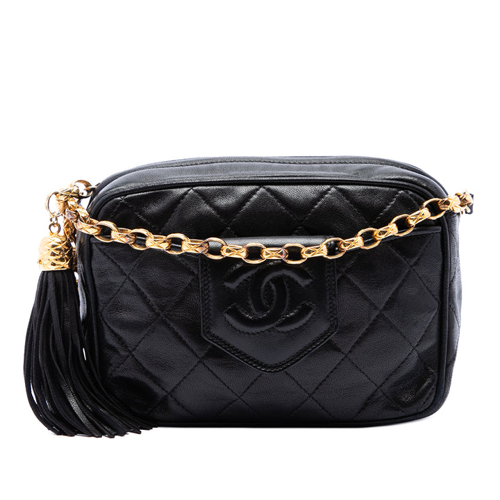 Chanel CC Matelassé Pompon Sac caméra Cuir d'agneau Noir