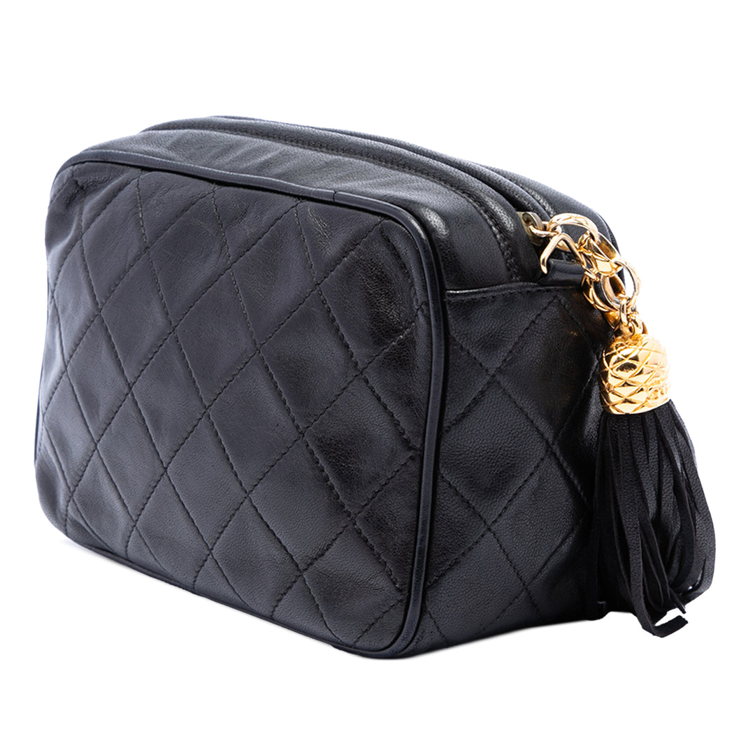 Chanel CC Matelassé Pompon Sac caméra Cuir d'agneau Noir