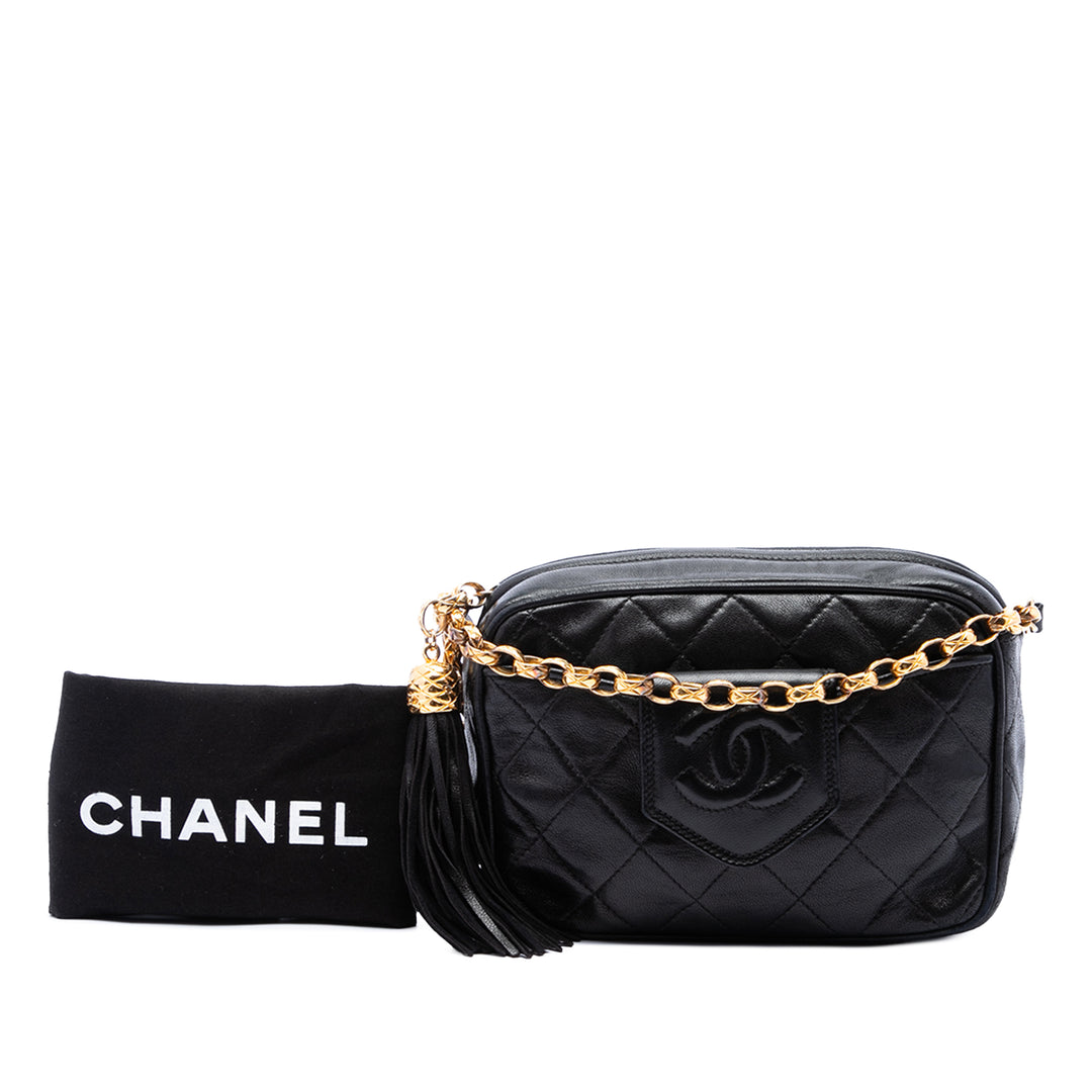 Chanel CC Matelassé Pompon Sac caméra Cuir d'agneau Noir