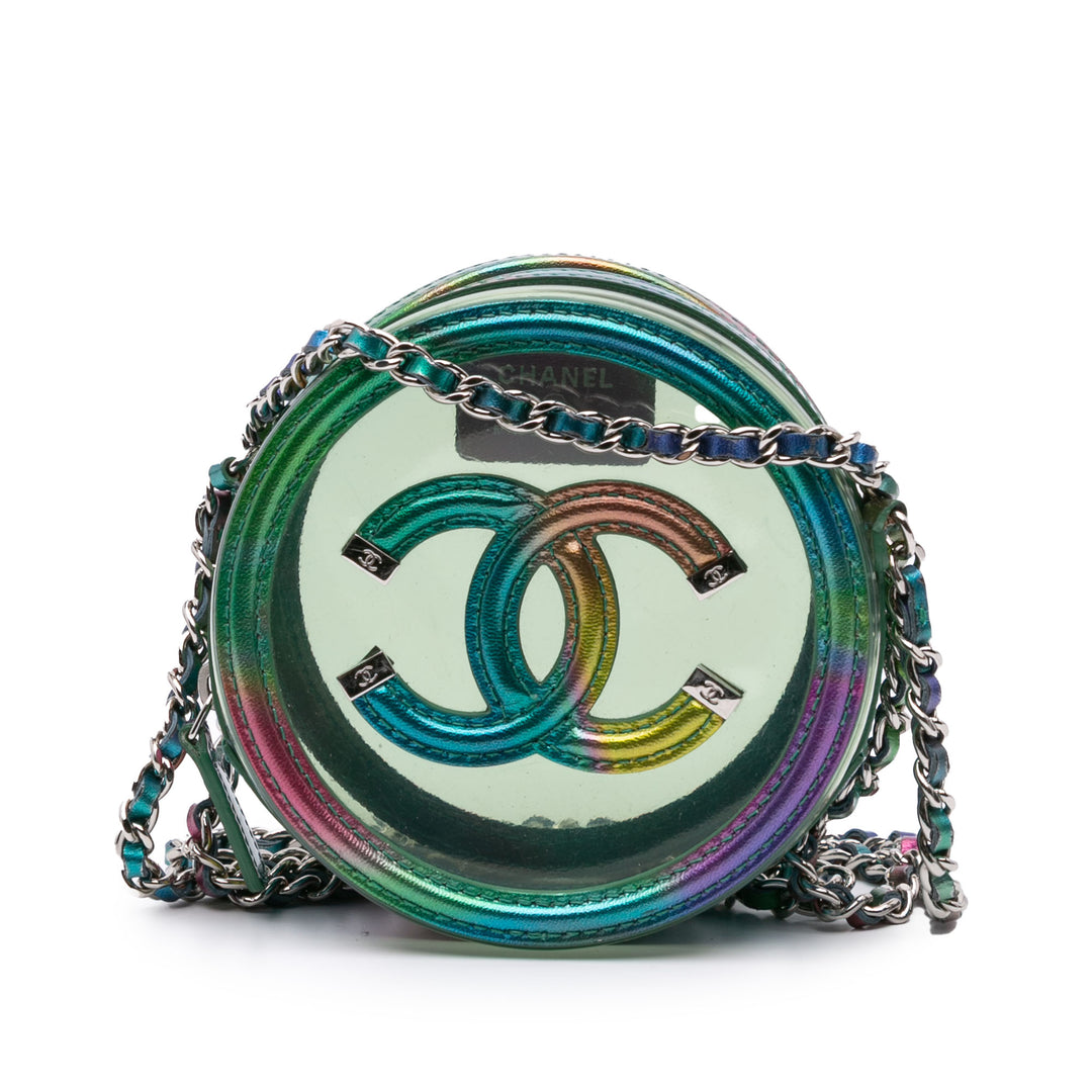 PVC and Metallic Lambskin CC Filigree Round Clutch with Chain Green - Gaby Paris
