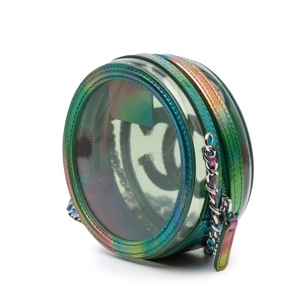 PVC and Metallic Lambskin CC Filigree Round Clutch with Chain Green - Gaby Paris