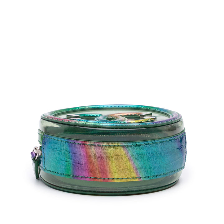PVC and Metallic Lambskin CC Filigree Round Clutch with Chain Green - Gaby Paris