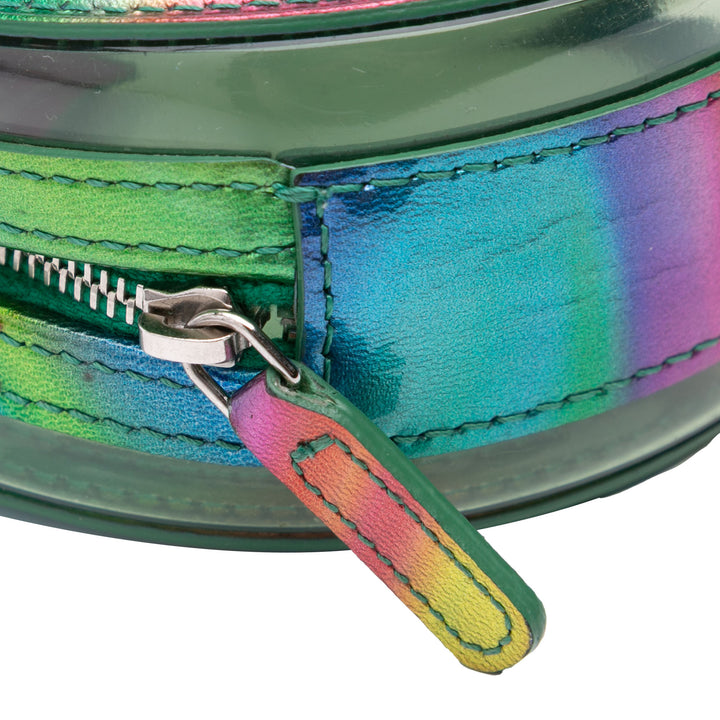 PVC and Metallic Lambskin CC Filigree Round Clutch with Chain Green - Gaby Paris