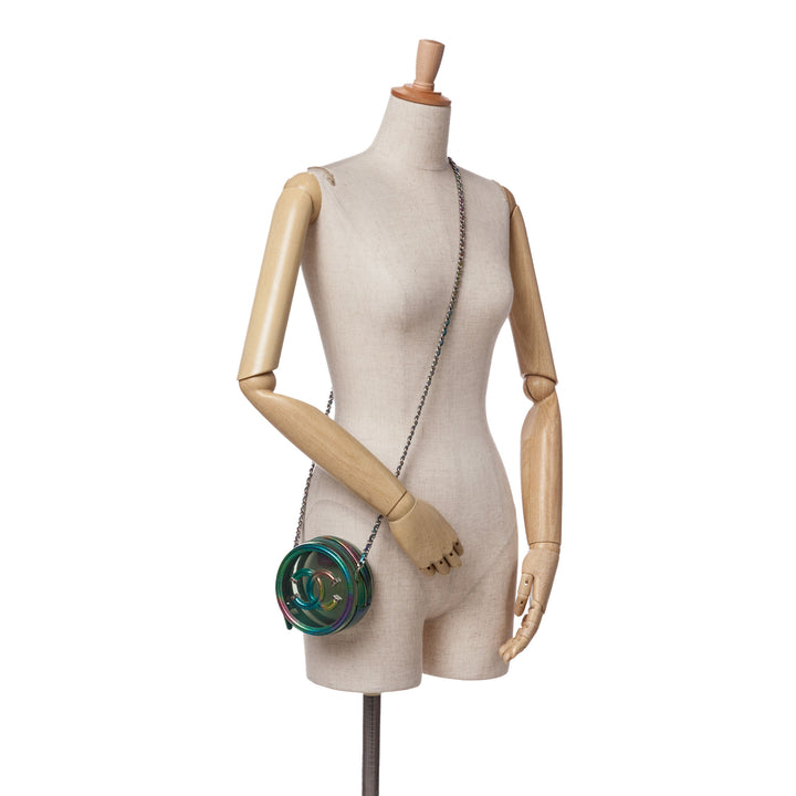 PVC and Metallic Lambskin CC Filigree Round Clutch with Chain Green - Gaby Paris