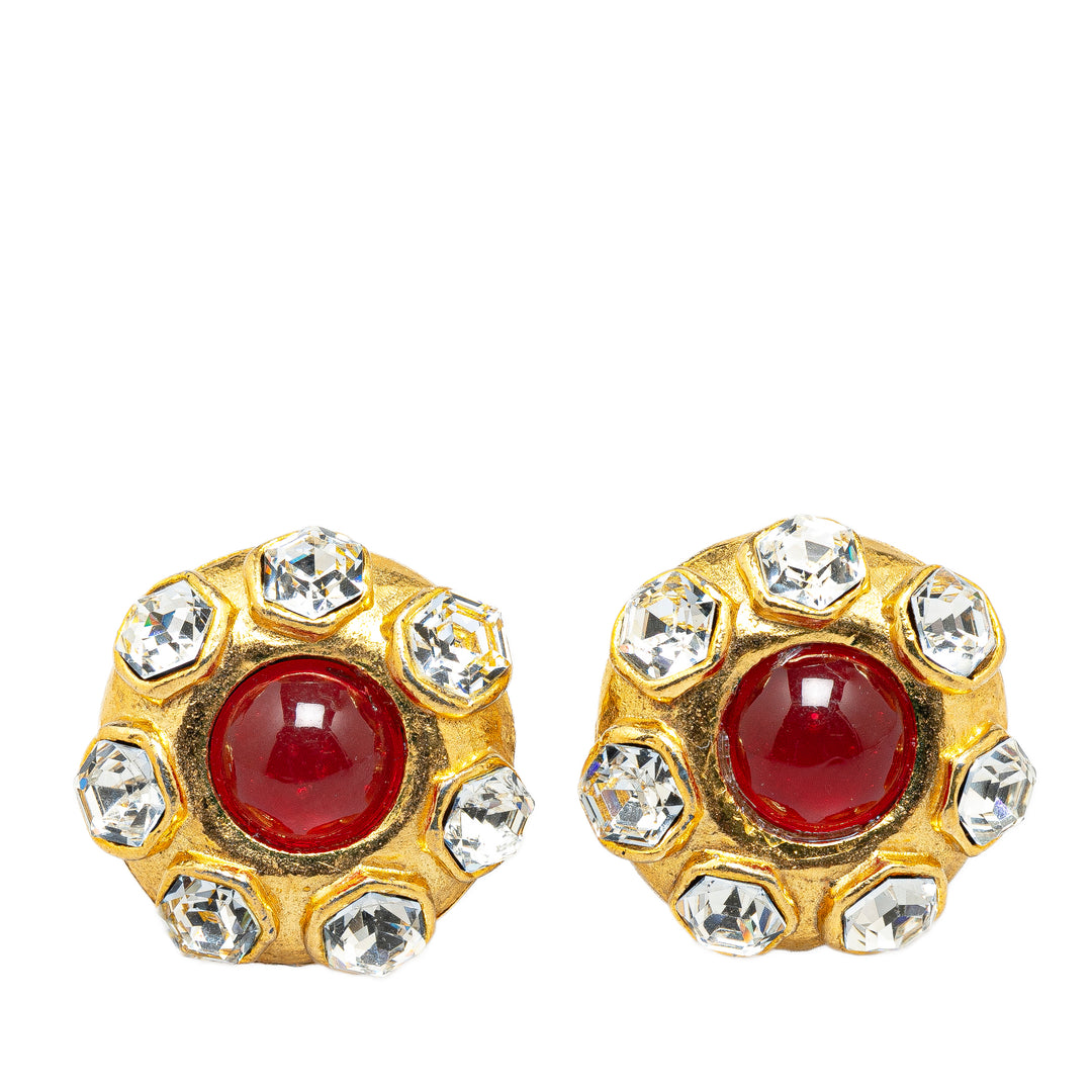 Gold Plated Red Stone Rhinestones Clip on Earrings Gold - Gaby Paris