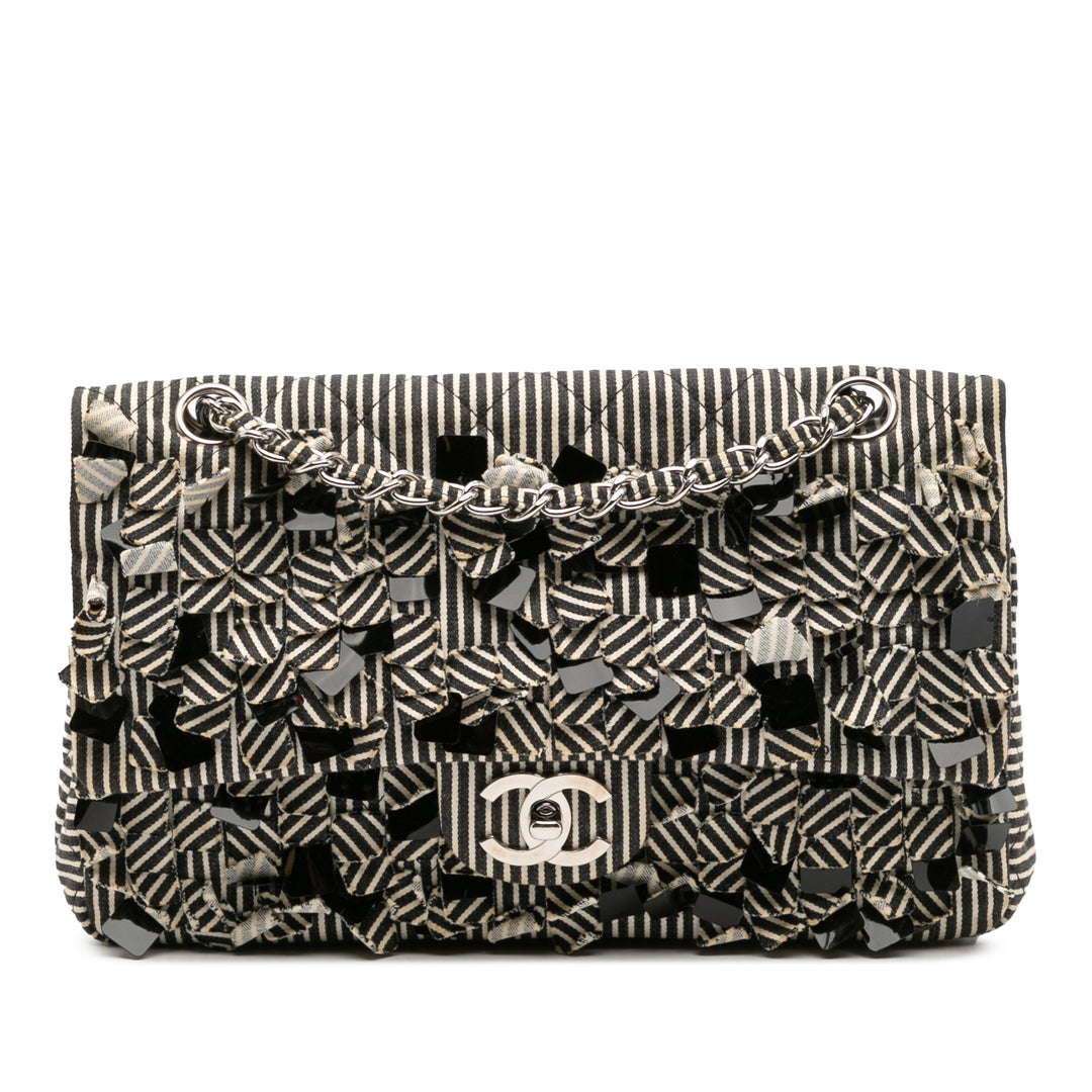 Medium Classic Canvas Sequin Stripes Double Flap Black - Gaby Paris