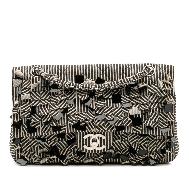 Medium Classic Canvas Sequin Stripes Double Flap Black - Gaby Paris
