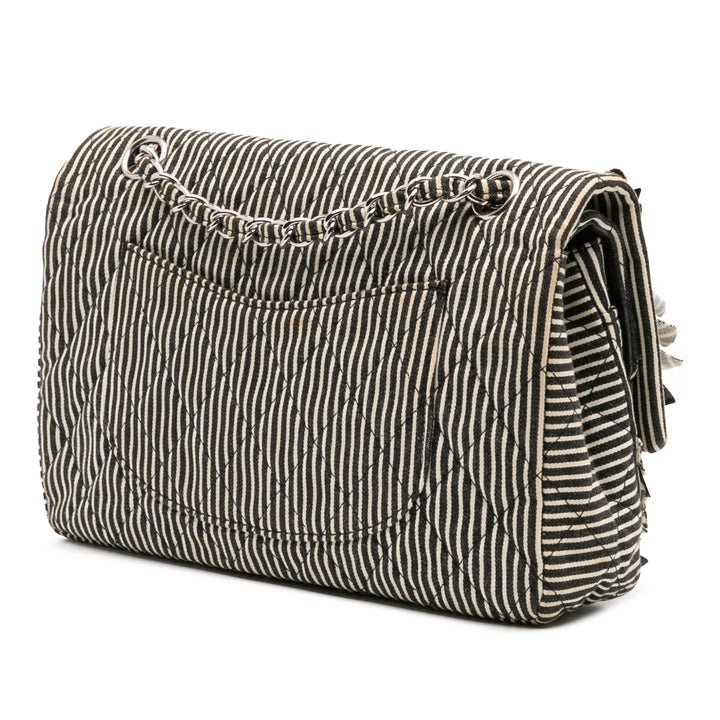 Medium Classic Canvas Sequin Stripes Double Flap Black - Gaby Paris