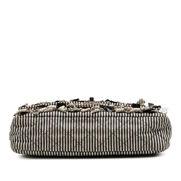 Medium Classic Canvas Sequin Stripes Double Flap Black - Gaby Paris