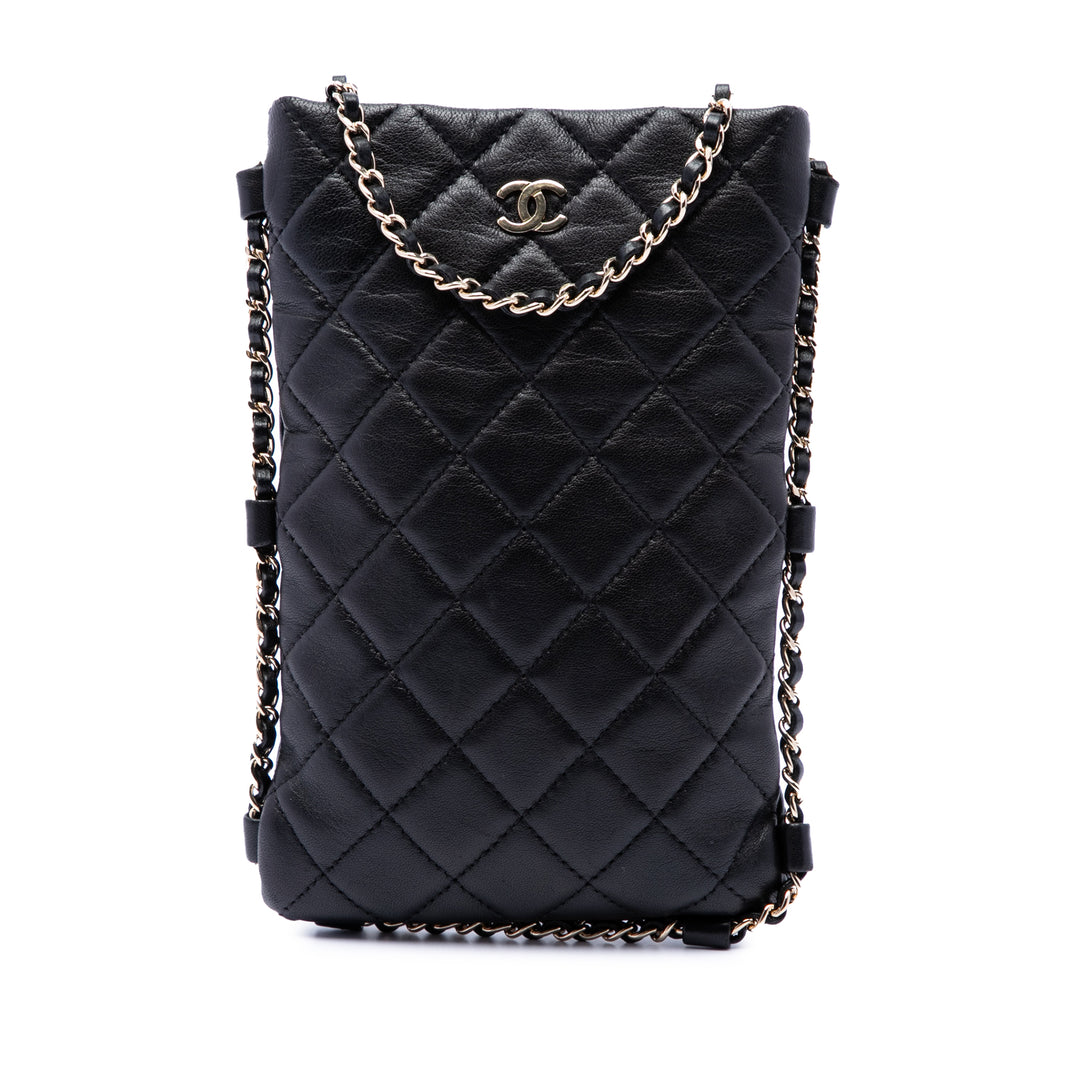 CC Matelassé Sac rond à chaîne Étui téléphone Sac Cuir d'agneau Noir