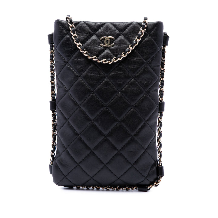 CC Matelassé Sac rond à chaîne Étui téléphone Sac Cuir d'agneau Noir