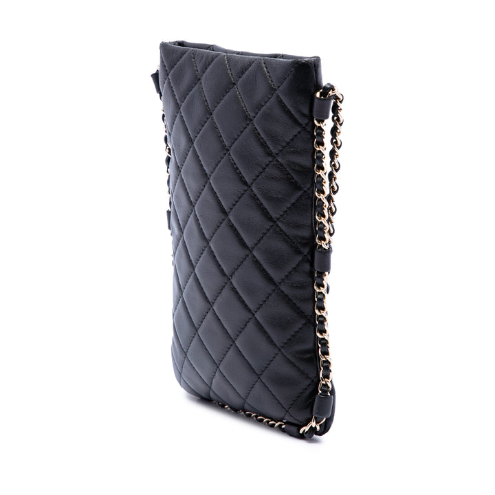 CC Matelassé Sac rond à chaîne Étui téléphone Sac Cuir d'agneau Noir