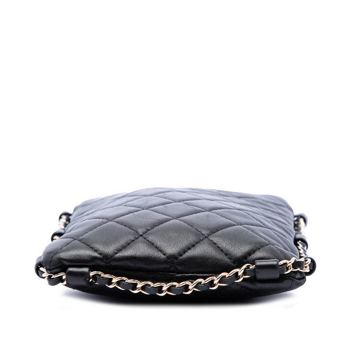 CC Matelassé Sac rond à chaîne Étui téléphone Sac Cuir d'agneau Noir