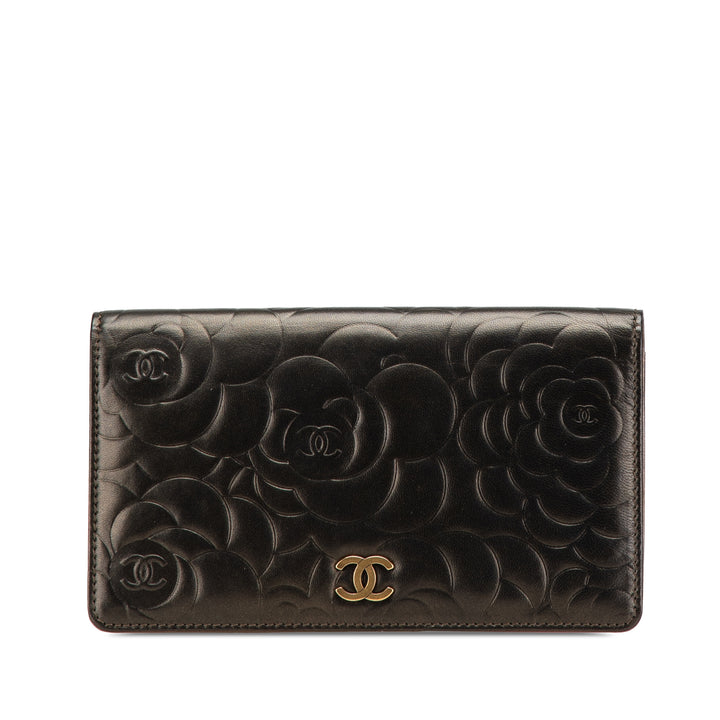 Embossed Lambskin CC Camellia Bifold Wallet Black - Gaby Paris