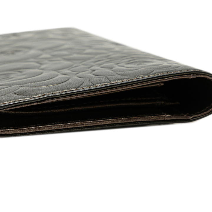 Embossed Lambskin CC Camellia Bifold Wallet Black - Gaby Paris