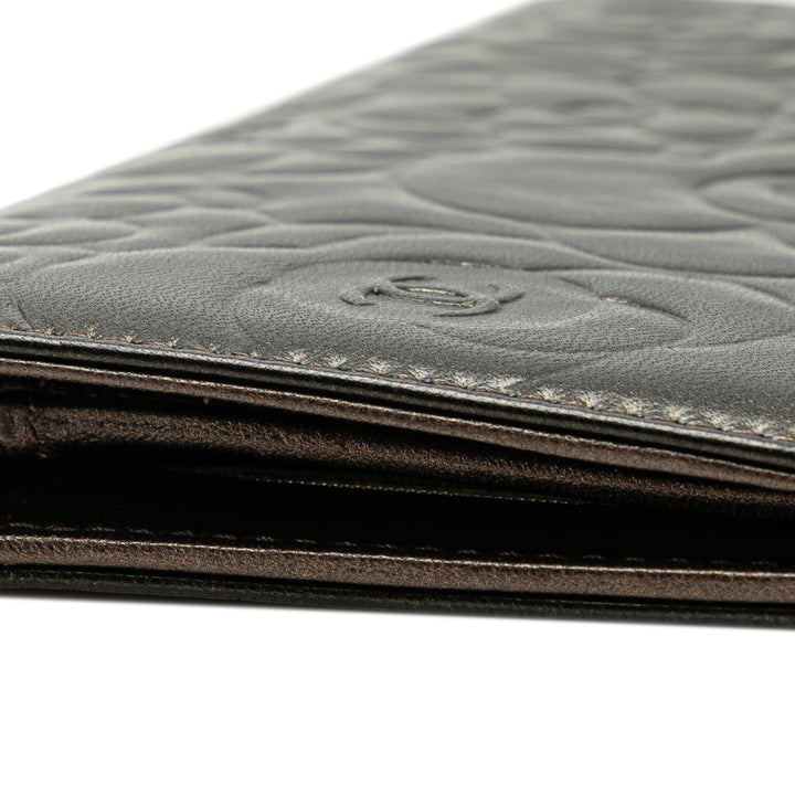Embossed Lambskin CC Camellia Bifold Wallet Black - Gaby Paris