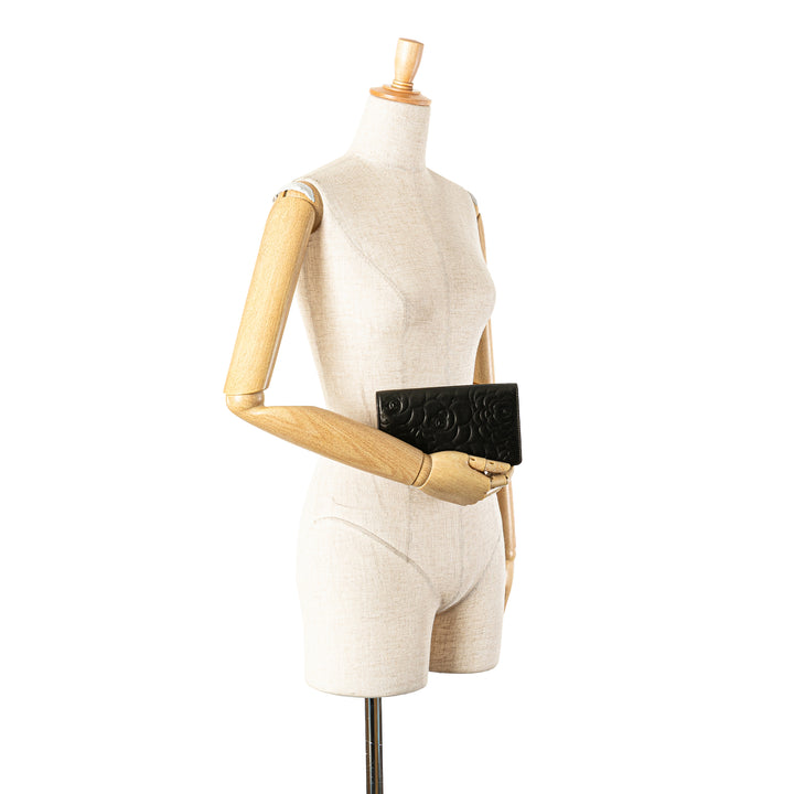 Embossed Lambskin CC Camellia Bifold Wallet Black - Gaby Paris
