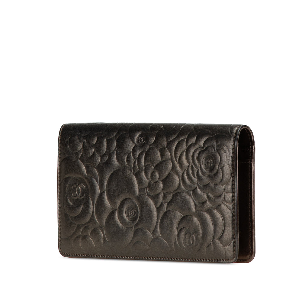 Embossed Lambskin CC Camellia Bifold Wallet Black - Gaby Paris