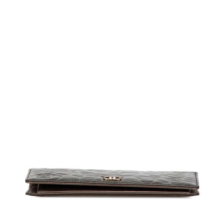Embossed Lambskin CC Camellia Bifold Wallet Black - Gaby Paris