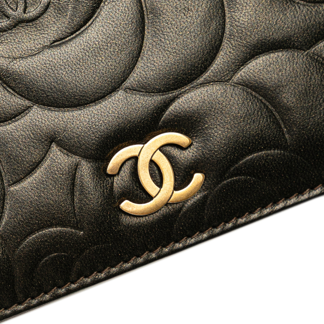 Embossed Lambskin CC Camellia Bifold Wallet Black - Gaby Paris