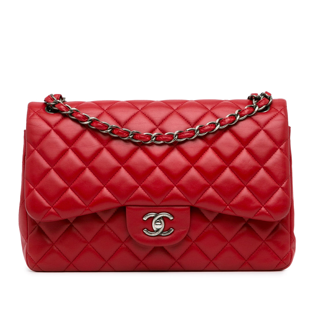 Jumbo Classic Lambskin Double Flap Red - Gaby Paris