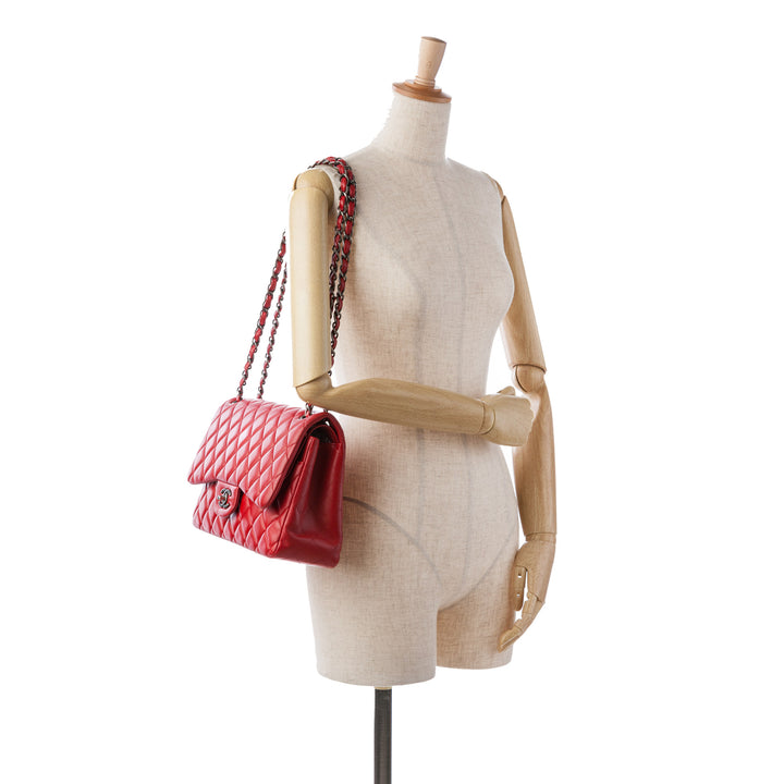 Jumbo Classic Lambskin Double Flap Red - Gaby Paris