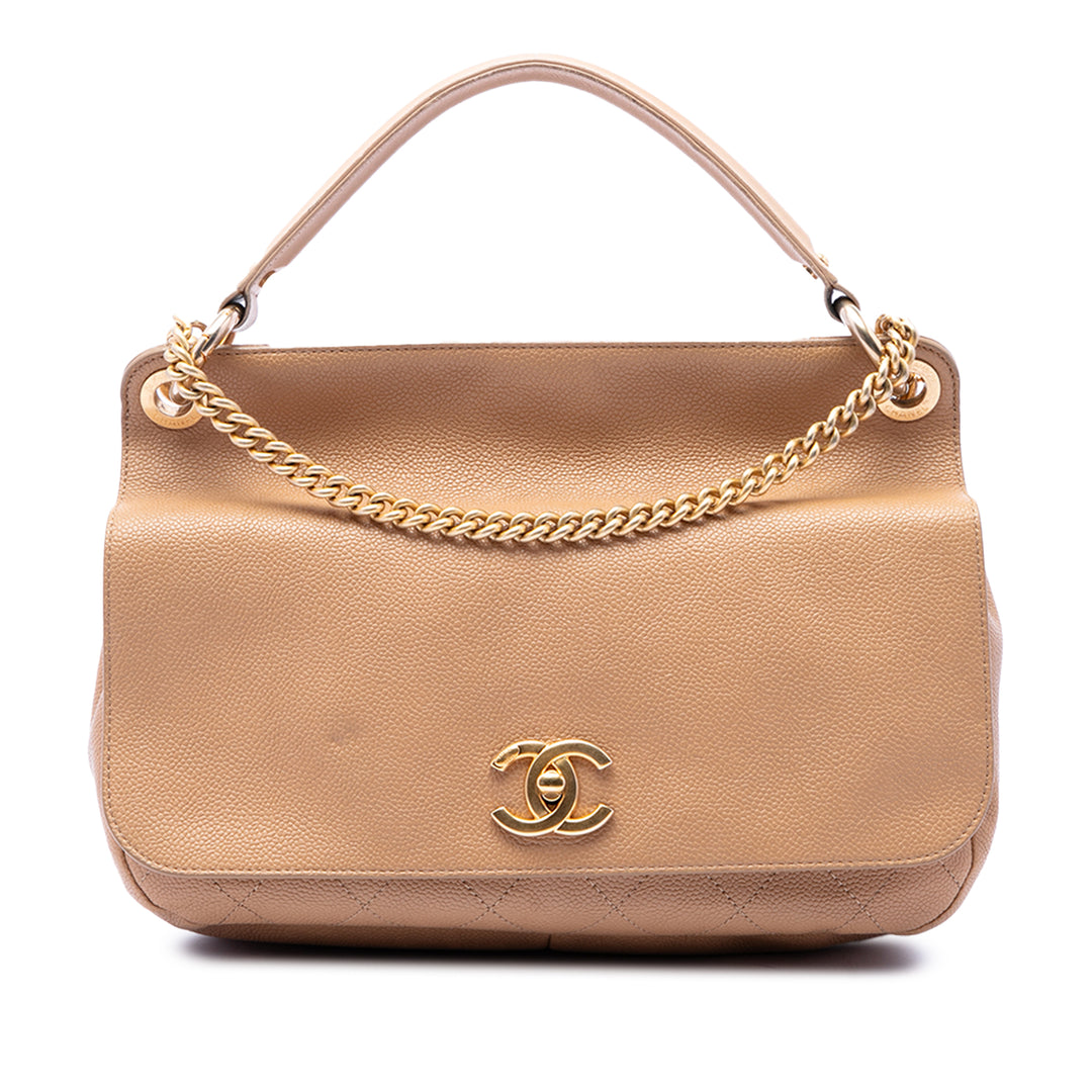 Chanel CC Surpiqué Fermoir tourniquet à rabat Cuir caviar Beige – vue principale – GABY PARIS