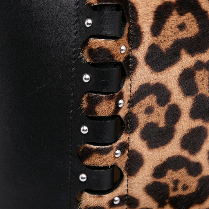 ALAÏA Pony Hair and Cuir Leopard Printed Le Hinge Cabas Marron