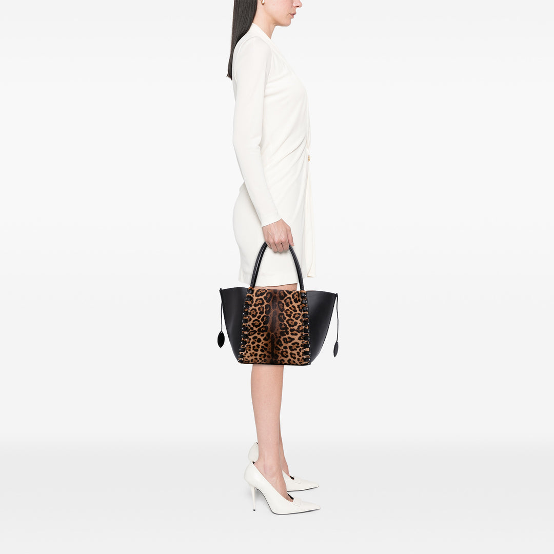 ALAÏA Pony Hair and Cuir Leopard Printed Le Hinge Cabas Marron