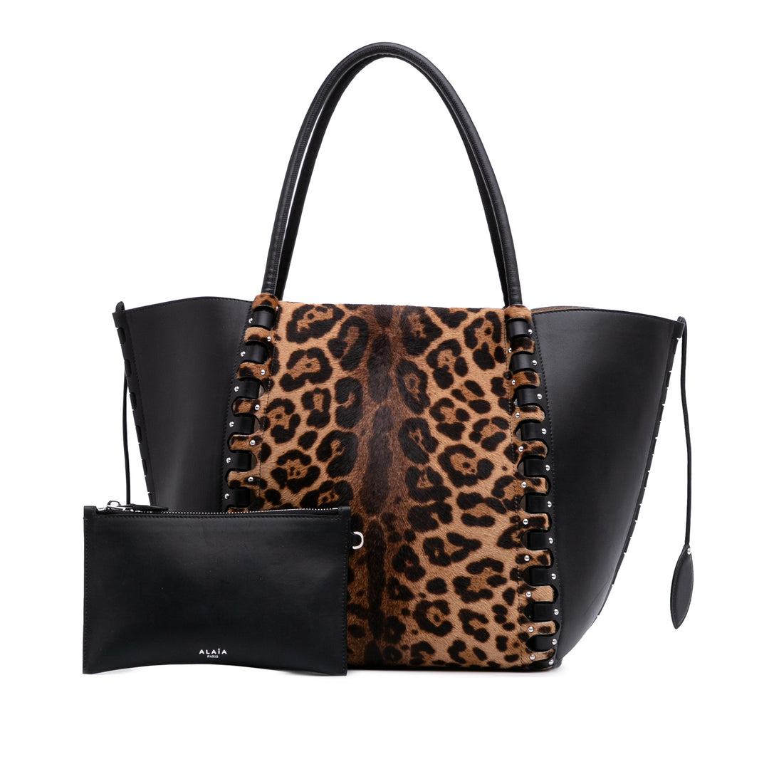 ALAÏA Pony Hair and Cuir Leopard Printed Le Hinge Cabas Marron