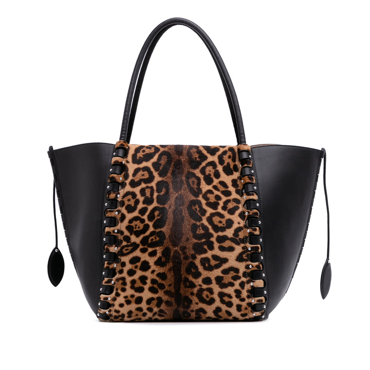 ALAÏA Pony Hair and Cuir Leopard Printed Le Hinge Cabas Marron