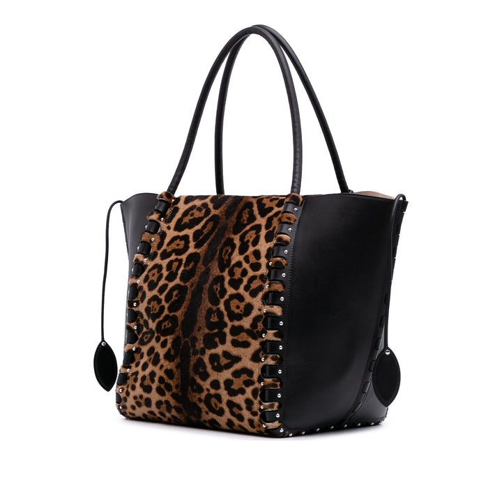 ALAÏA Pony Hair and Cuir Leopard Printed Le Hinge Cabas Marron